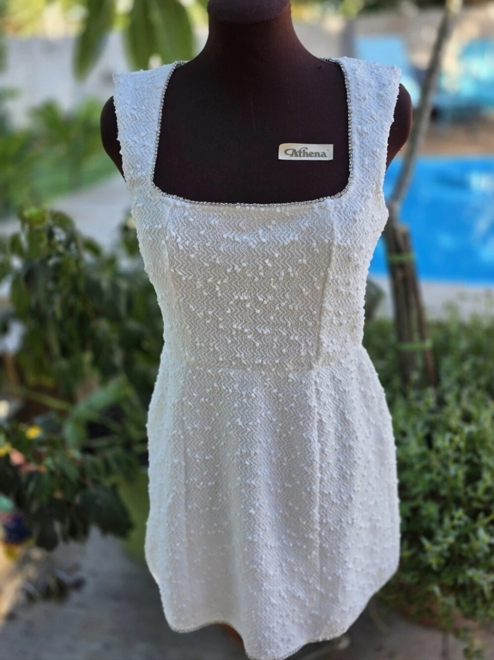 Athena Ivory Textured Square-Neck Mini Dress